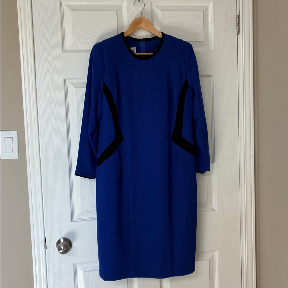 Elegant Blue Long Sleeve Dress; 100% Wool Crepe Midi Sheath Dress; Lined; Sz:16 - Picture 6 of 10
